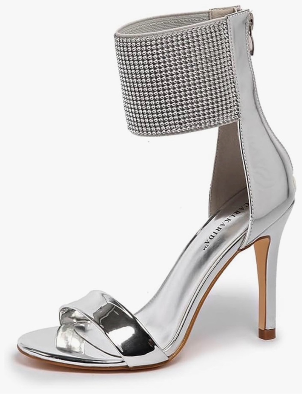 Silver Crystal-Embellished Ankle Strap Stiletto Sandals